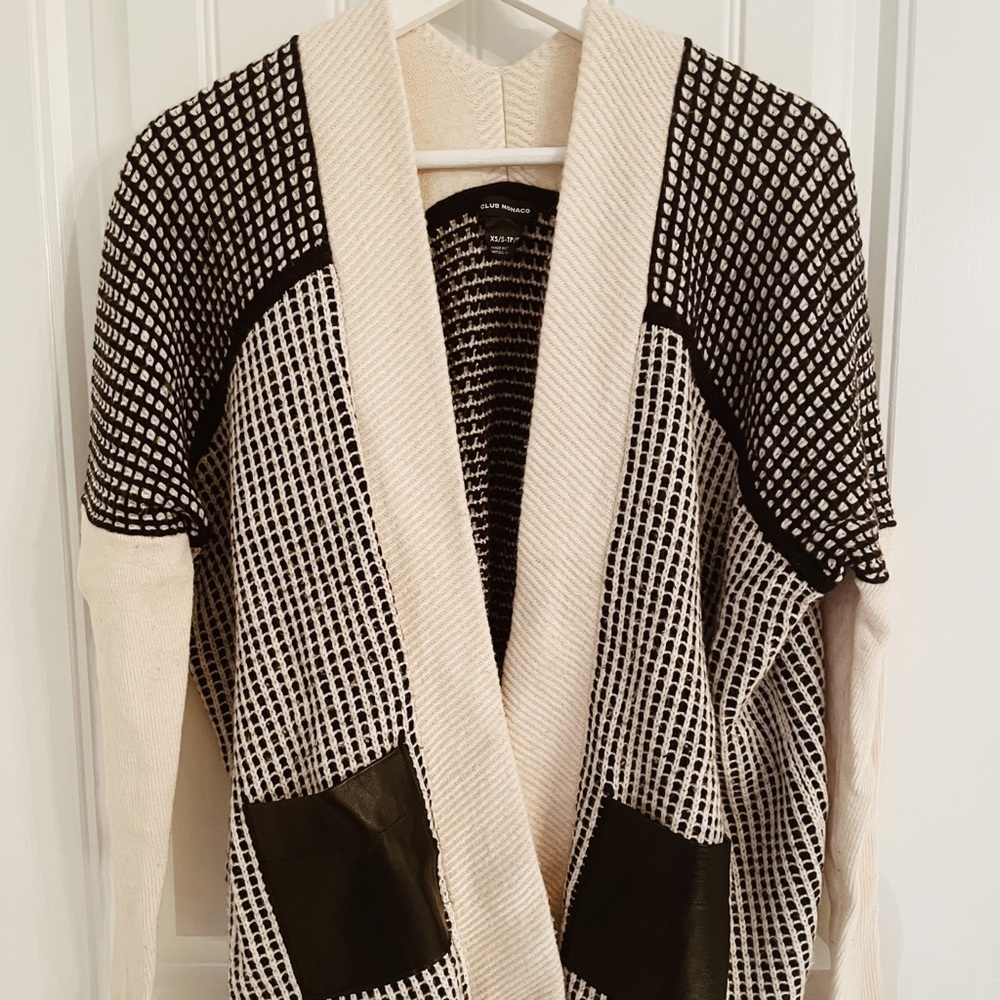 Club Monaco cardigan black & cream leather pockets